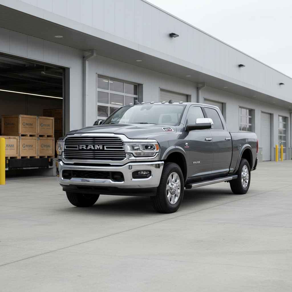 A pristine slate-grey Ram 2500 heavy-duty pickup truck with polished chrome accents and robust grille as the central focus, parked on a smooth concrete loading area in front of a modern distribution center. The scene is lit by soft overcast daylight, resulting in neutral tones and gentle, shadowless illumination that highlights the vehicle’s clean lines and muscular stance. The background subtly hints at tastefully branded packaging crates stacked neatly. Captured from a slightly low, three-quarter front angle for corporate strength, with sharp focus throughout and balanced, minimalist composition. The mood is professional, assured, and ready for global export, evoking trust and reliability. The overall style is photographic realism with a structured, clean aesthetic.