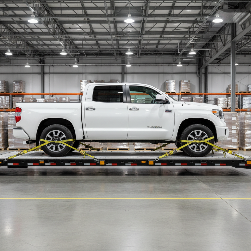 A gleaming white Toyota Tundra export truck tightly secured with heavy-duty industrial straps onto a flatbed transport trailer, the vehicle’s bold, sculpted bodywork and branded emblems clearly visible. The trailer is situated in a high-ceilinged, modern export facility with polished concrete floors and neutral, organized pallet storage in the midground. Even, diffuse lighting from overhead stadium lamps eliminates harsh shadows, emphasizing the vehicle’s clean geometry. The mood is clinical, capable, and trustworthy, suitable for a global logistics platform. The camera placement is an eye-level, side profile composition, with crisp lines and balanced spacing to enhance the corporate, photographic aesthetic.