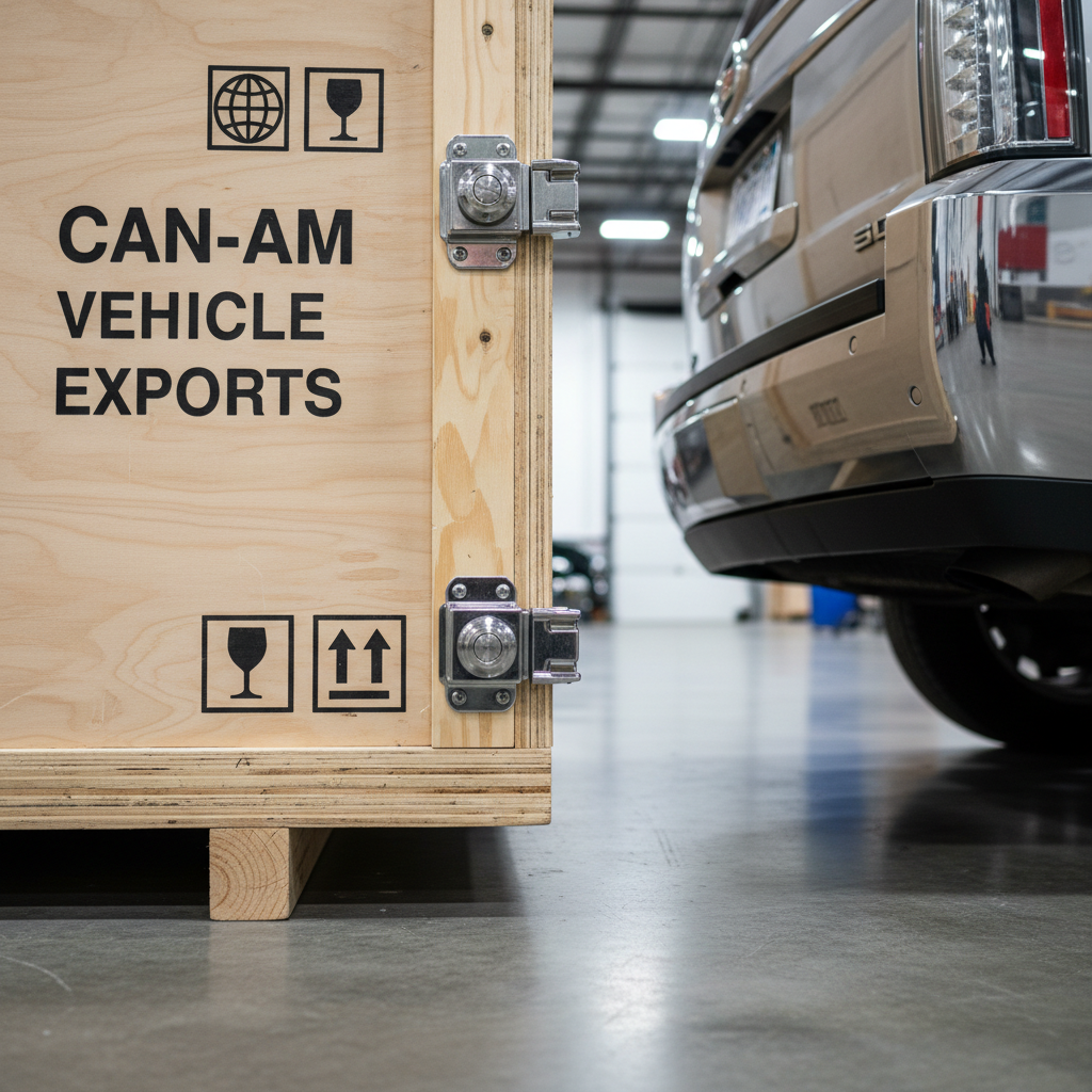 A close-up detail of a customized shipping crate stamped with bold, clear markings reading 'Can-Am Vehicle Exports' and international shipping symbols. The crate’s smooth, sanded wood finishes contrast with the precision of metallic export locks. Positioned beside the rear chrome bumper of a Cadillac Escalade, partially visible, capturing the intersection of luxury and logistics. Gentle artificial warehouse lighting spills across the surfaces, revealing wood grain and subtle reflections in the polished metal. The image is captured at an eye-level, side angle for dynamic tension, with depth-of-field drawing sharp focus to the export details. The mood is one of efficiency, security, and professionalism, matching the clean, structured, photographic style of the business.