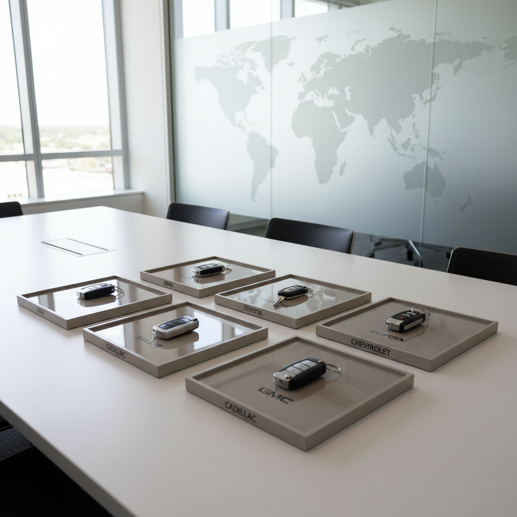 An array of pristine vehicle keys on high-gloss, neutral-toned presentation trays, each key fob meticulously labeled for Ram, Ford, Toyota, Cadillac, GMC, and Chevrolet. The trays are arrayed atop a minimalist conference table set against a frosted glass office partition etched with a subtle world-map motif. The environment is illuminated by soft, indirect daylight from floor-to-ceiling windows, creating gentle highlights and controlled contrast. The shot is composed from a slightly elevated, oblique angle, highlighting organization and attention to detail. The mood is methodical, precise, and sophisticated, reinforcing the global reach and professionalism of the vehicle export business with a photographic, minimalist visual style.