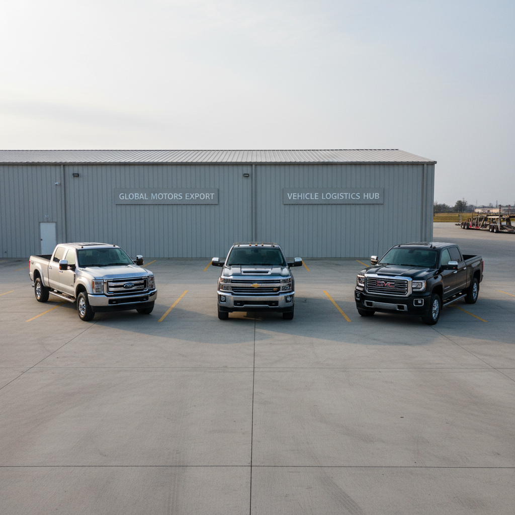 A line-up of American export trucks—Ford Super Duty, Chevrolet Silverado, and GMC Sierra—each in immaculate condition, their paintwork in classic neutral colors like silver, graphite, and black. Positioned in a precise row on an expansive, well-maintained industrial parking lot backed by a corrugated metal warehouse with understated corporate signage. Diffuse morning light casts soft reflections across the vehicles’ hoods, with subtle shadows elongating behind. Composition features an elevated, wide-angle shot, capturing the vehicles as a unified fleet, with carefully balanced space and symmetry. The overall mood is orderly, disciplined, and confident, underscoring the site’s expertise in vehicle export. Photographic realism with a crisp, corporate visual language.